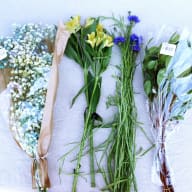 Olika blommor och växter ligger utspridda på en ljus yta.