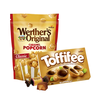 Werthers popcorn och Toffifee packshots.