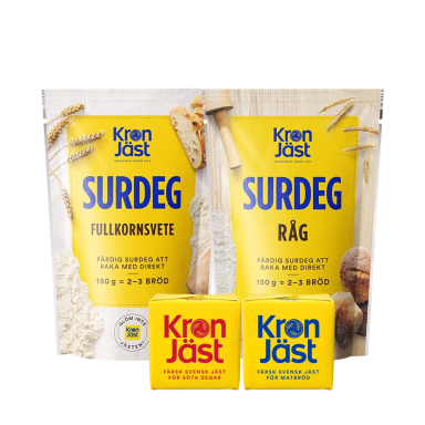 Kronjäst surdeg och jäst i förpackningar.