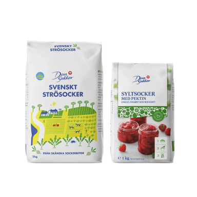 Dansukker syltsocker och strösocker i förpackning.