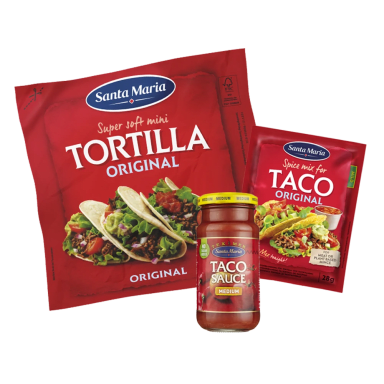 Santa Maria förpackningar med tortillabröd, tacokrydda och taco sås.