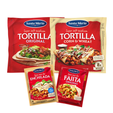 Förpackningar med Santa maria tortillas och kryddmix.