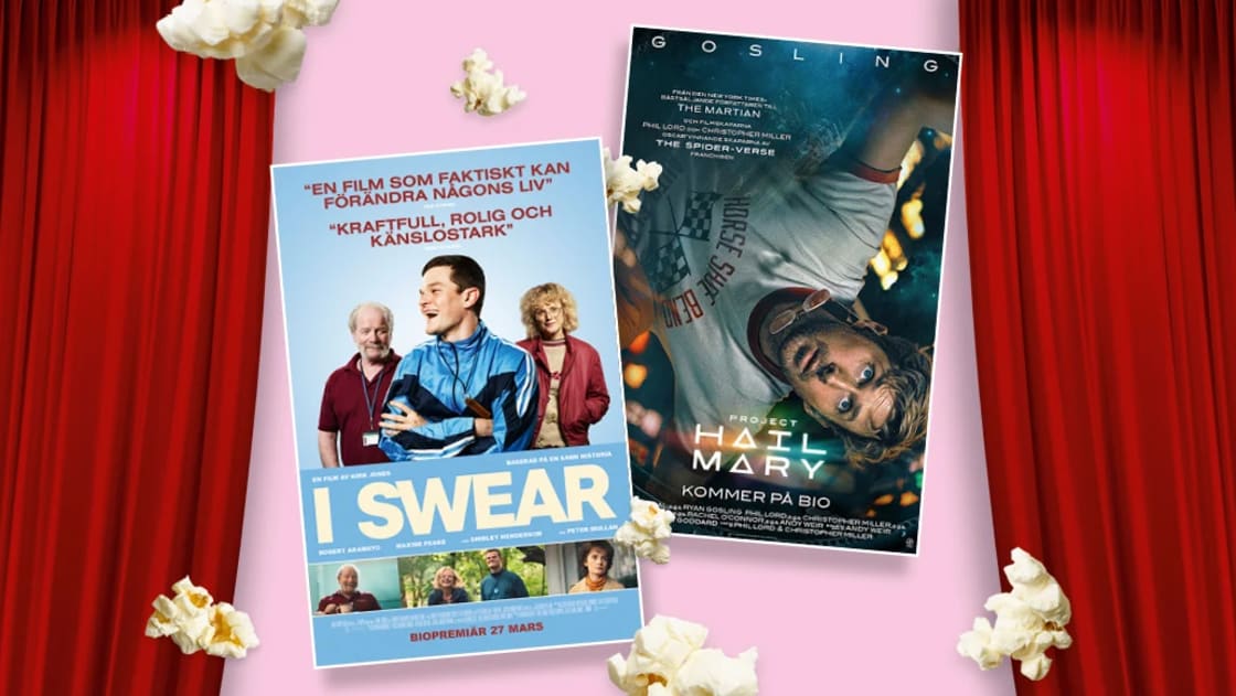 Popcorn och bio-draperi samt filmaffischer för filmerna Project Hail Mary och I Swear.