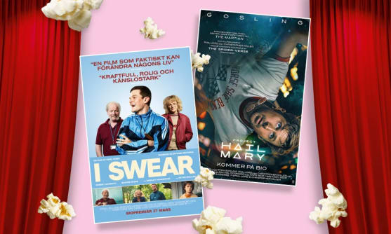 Popcorn och bio-draperi samt filmaffischer för filmerna Project Hail Mary och I Swear.