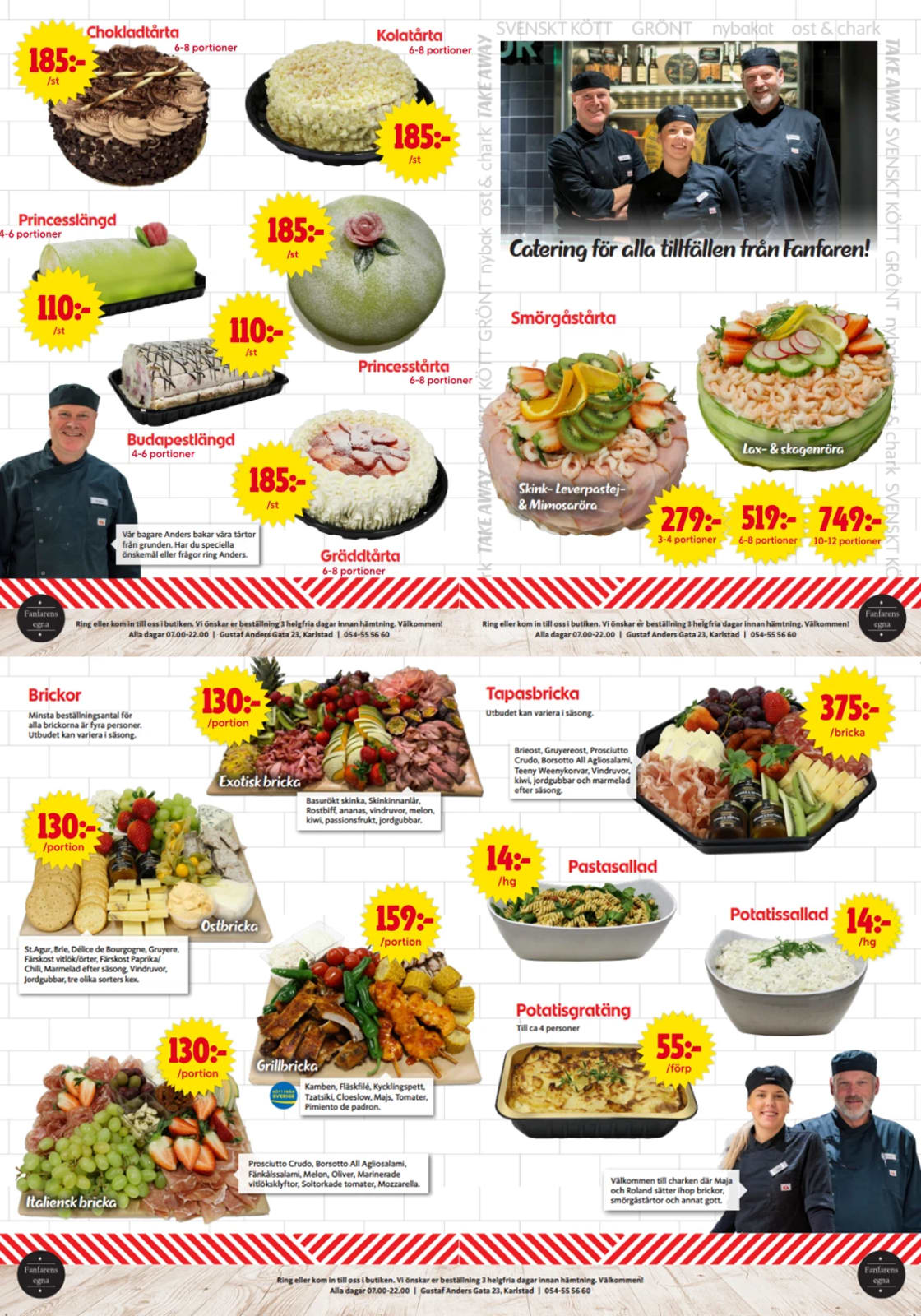 Cateringmeny med bilder på tårtor, smörgåstårtor, uppläggningsbrickor och angivna priser.