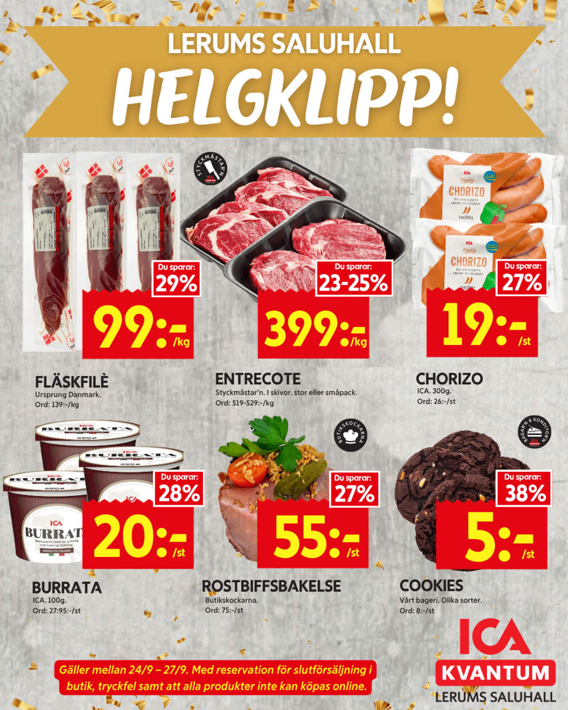 Reklamblad för Lerums Saluhall som visar helgerbjudanden och priser på matvaror.
