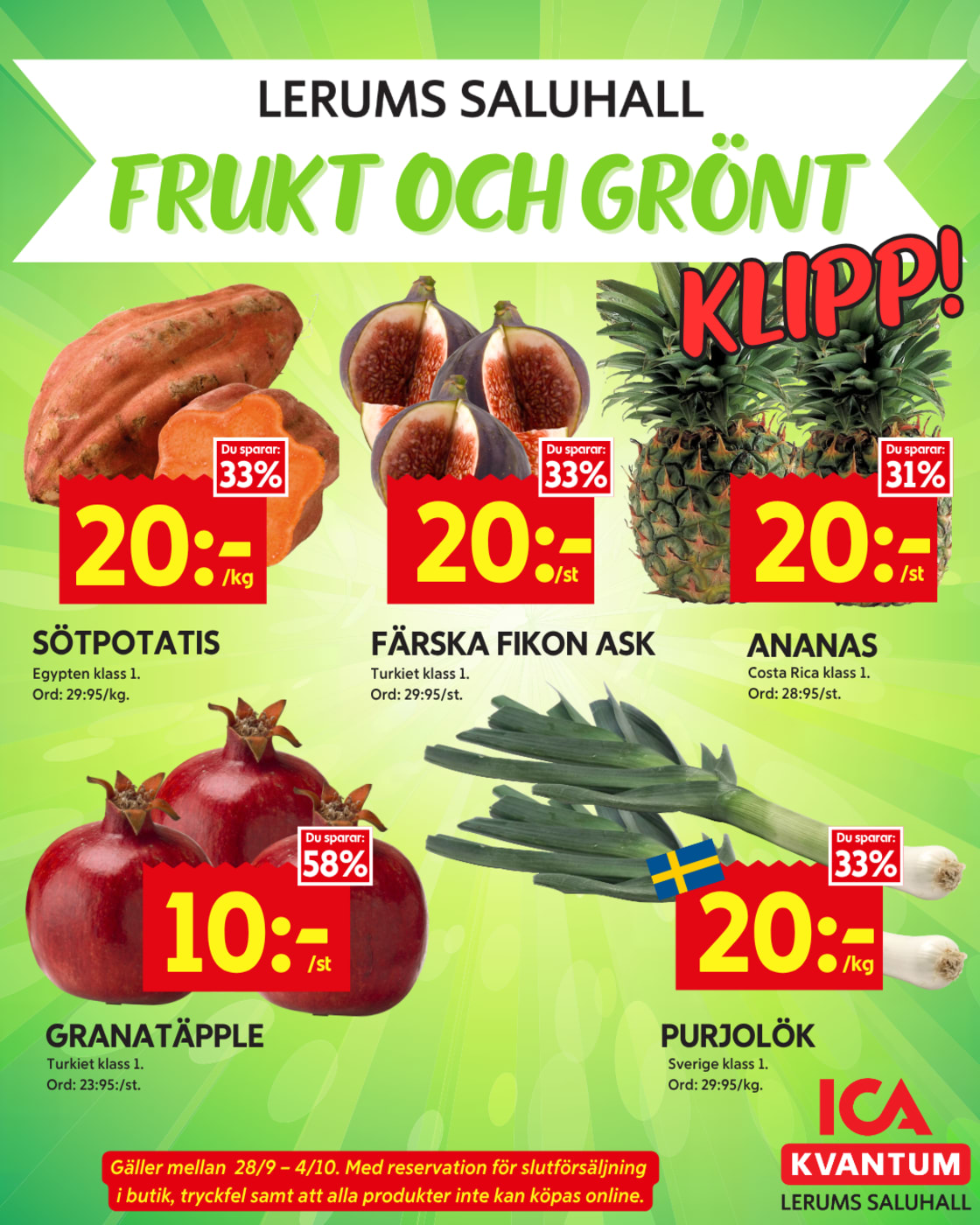 Reklamblad för Lerums Saluhall som visar frukt och grönsaker med rabatterade priser.