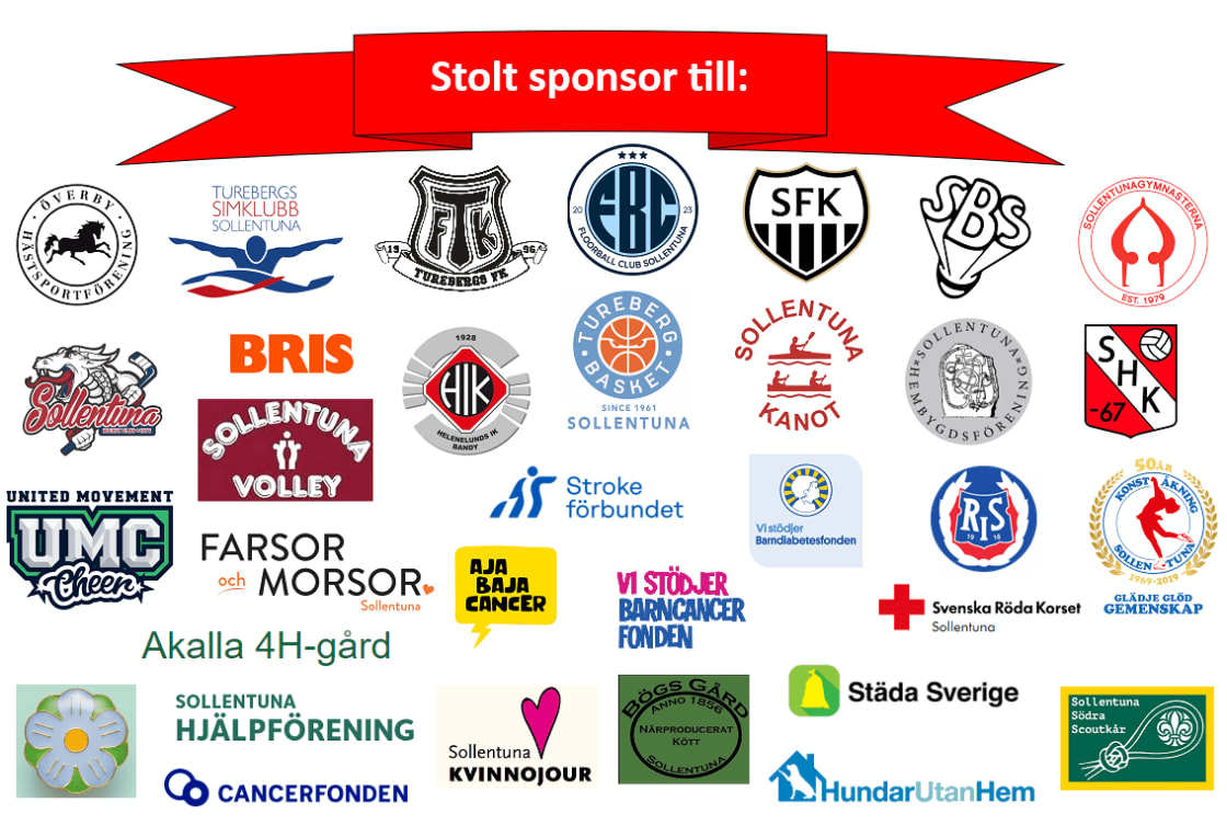 Bild med logotyper på alla idrottsföreningar som vi sponsrar och andra samarbetspartners.