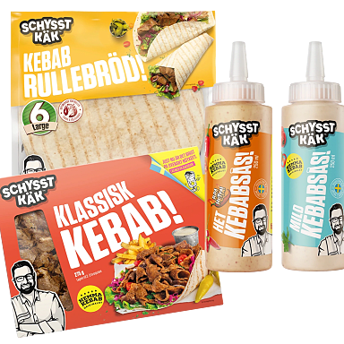 Schysst Käk kebab, bröd och två sorters sås.