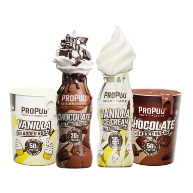 Propud puddingar och shakes i sina förpackningar.