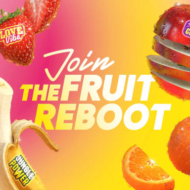 Frukter mot en färggrann bakgrund med texten Join the fruit reboot.
