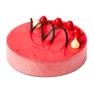 Moussetårta med hallon. Hallonmousse, dekorerad med hallon, vita toppar och mörk choklad serpentiner