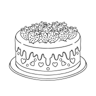 Streckillustration av tårta med jordgubbar, svartvit