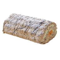 Budapeststubbe fylld med clementiner. Hassenötsmaräng rullad till en rulle med fyllning dekorerad med rippad mörk choklad