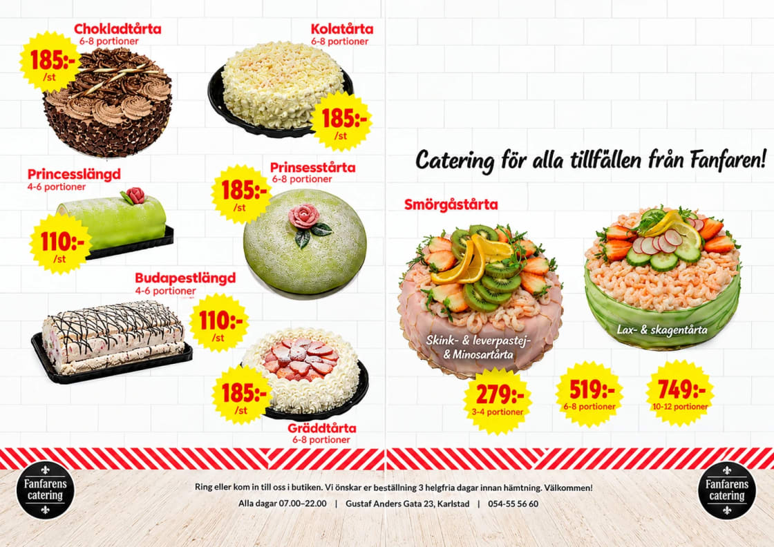 Cateringmeny som visar flera tårtor med portionsangivelser och priser.