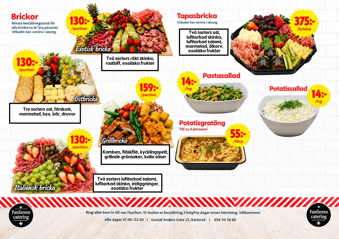 Cateringmeny som visar olika uppläggningsbrickor, sallader och tillhörande priser.