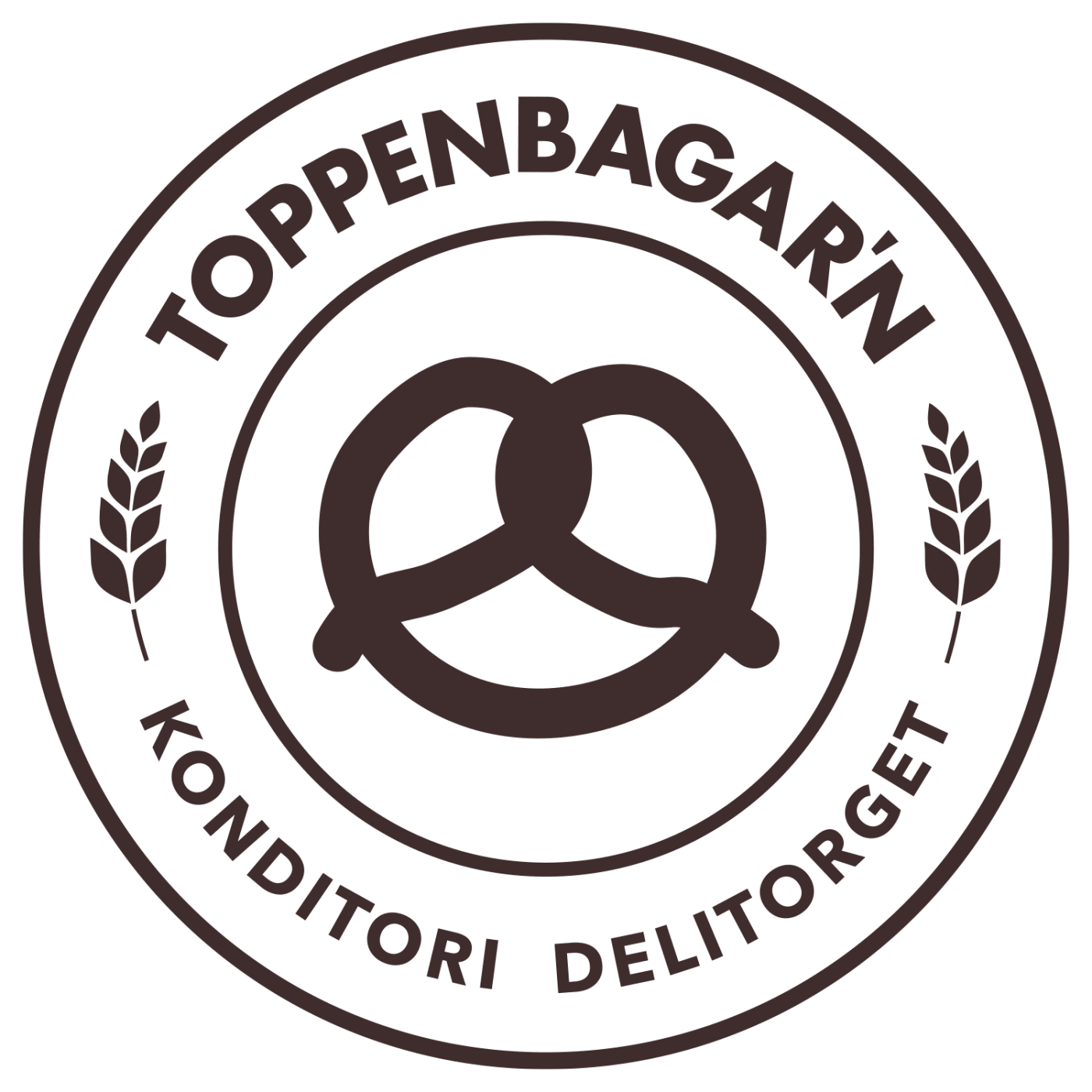 Logotyp med en kringla i mitten och cirkulär text "Toppenbagar'n Konditori Delitorget".