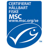 En logotyp för MSC-certifierat hållbart fiske med text och stiliserad fisk.