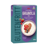 En förpackning med glutenfri granola står upprätt.
