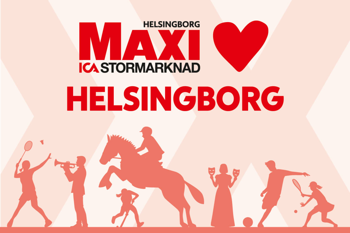 Affisch för ICA Maxi Helsingborg med text och siluetter som visar olika fritidsaktiviteter.