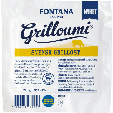 En förpackning med Fontana Grilloumi, svensk grillost, visas mot vit bakgrund.