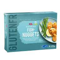 En förpackning med glutenfria fisknuggets står upprätt.