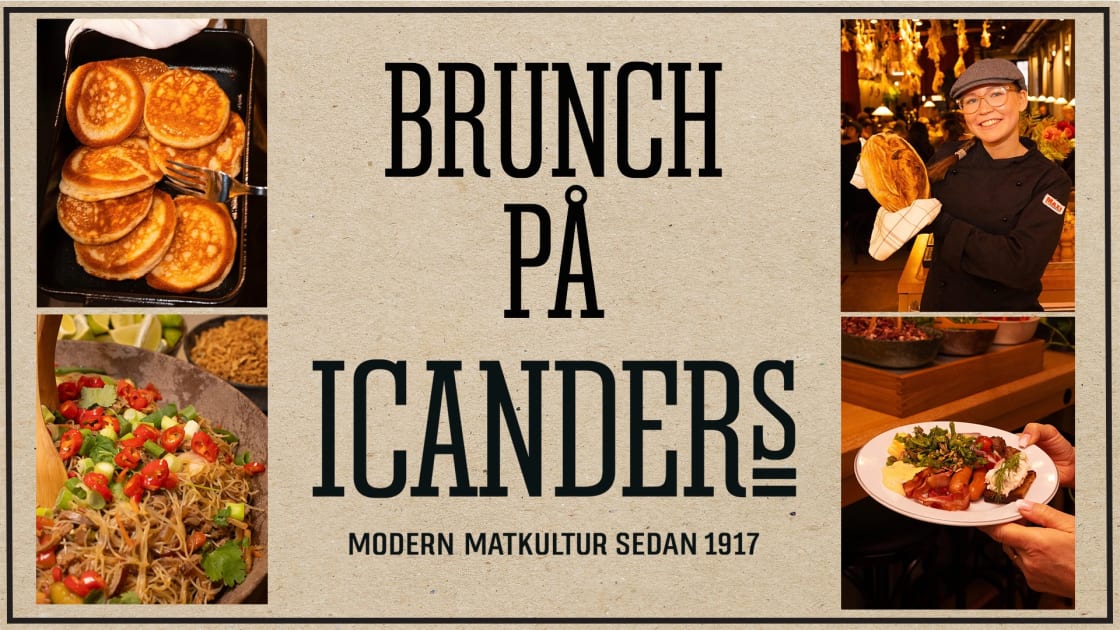 Affisch som annonserar brunch på Icanders med bilder av olika maträtter och personal som serverar mat.