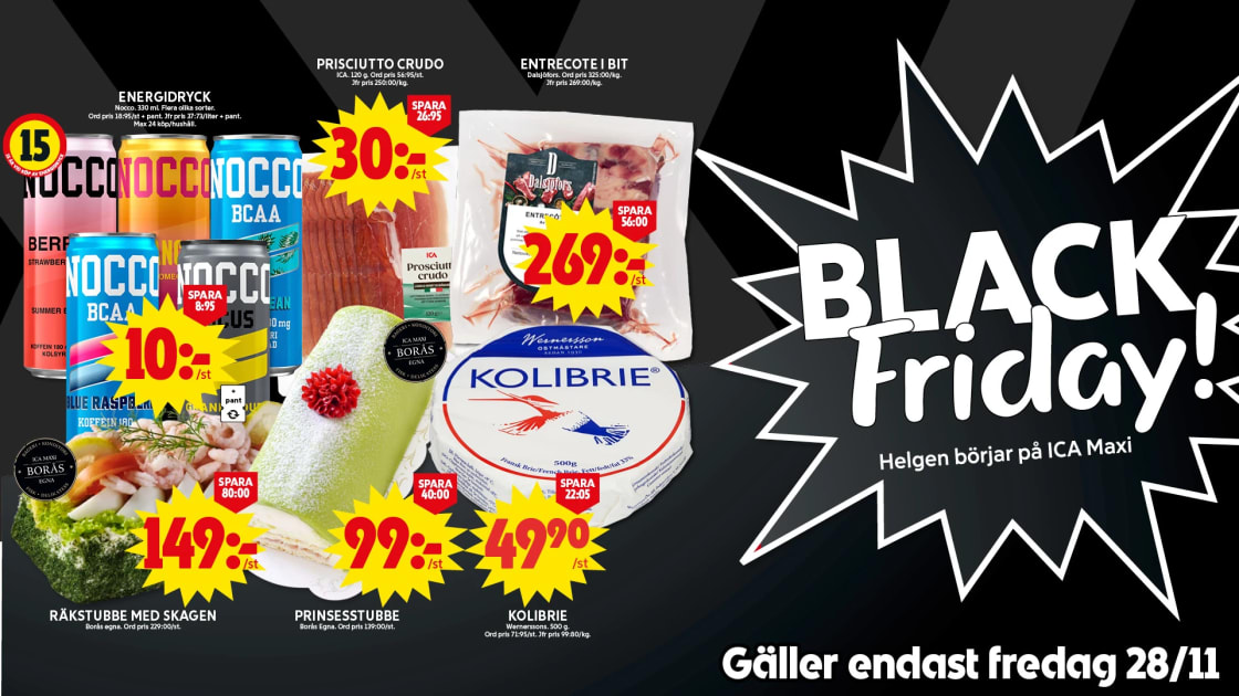 Black Friday-annonsering från ICA Maxi med stora prissänkta priser på olika livsmedel.