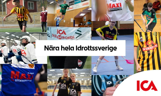 En collage av idrottsbilder med personer som utövar olika sporter samt logotyper för ICA och texten 