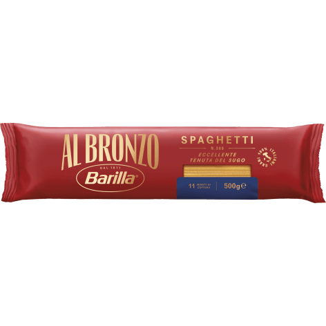 Bilden visar en förpackning på Barilla Al Bronzo Spaghetti.