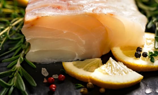 En bit rå, vit fisk med rosmarin, rosépeppar och citronskivor. Närbild.