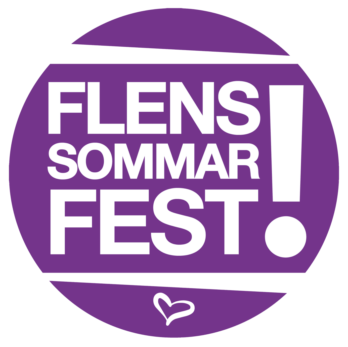 Logotyp för Flens Sommarfest med ett stort utropstecken och en hjärtsymbol.
