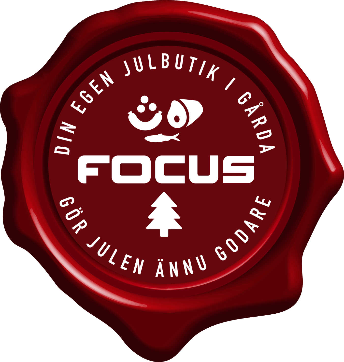 En rund försegling med text och logotyper visar information om en julbutik.