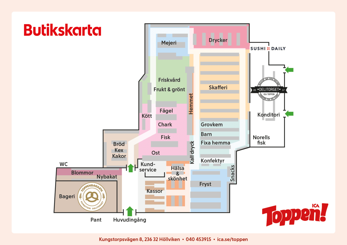 Butikskarta som visar butikens avdelningar, kassor och huvudingång.
