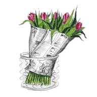 Illustration av tulpaner i vas med omslagspapper runt blommorna.