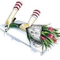 Illustration av händer som snittar tulpaner på en skärbräda.
