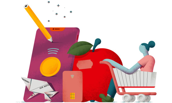 *llustration där en person sitter i en liten kundvagn bredvid en stor telefon, ett kort och ett äpple.