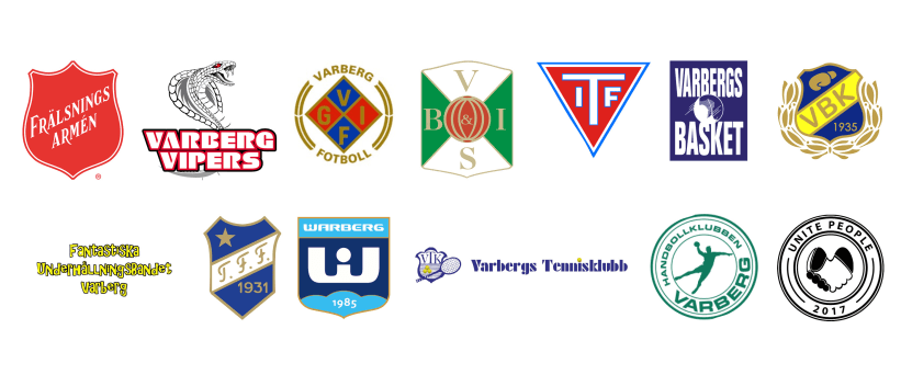 Illustration av Frälsningsarmén, Varberg Vipers, Varbergs GIF, Varbergs BoIS FC, Tvååkers IF,
Varbergs Basket, Varbergs boxningsklubb,Fantastiska Underhållningsbandet,
Lilla Träslövs FF, Warberg IC, Varbergs Tennisklubb, HK Varberg, Unite People FC.