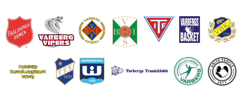 Illustration av Frälsningsarmén, Varberg Vipers, Varbergs GIF, Varbergs BoIS FC, Tvååkers IF,
Varbergs Basket, Varbergs boxningsklubb,Fantastiska Underhållningsbandet,
Lilla Träslövs FF, Warberg IC, Varbergs Tennisklubb, HK Varberg, Unite People FC.