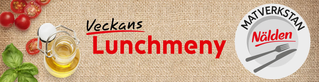 Banner med texten Veckans Lunchmeny, omgiven av färska tomater, basilika och olivolja.