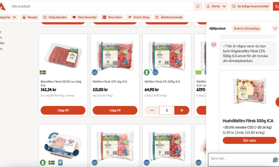 Skärmdump av ICAs e-handel med tips om varor att byta