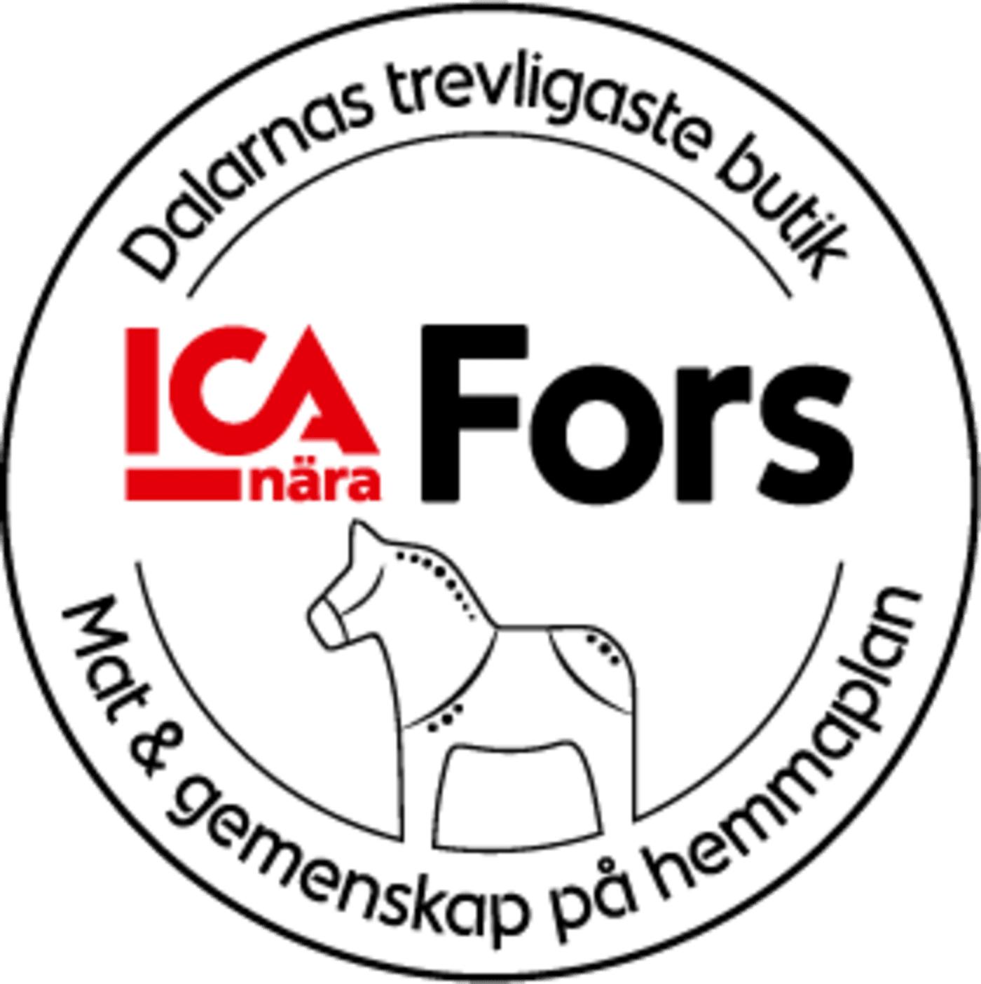 Rund logotyp med texten "ICA nära Fors" och en stiliserad Dalahäst i mitten.
