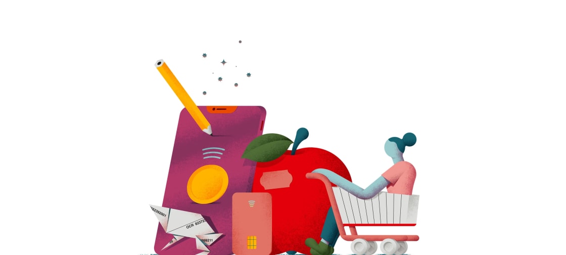 Illustration av en person som sitter i en kundvagn bredvid ett äpple, en skärm och ett kort mot en vit bakgrund.