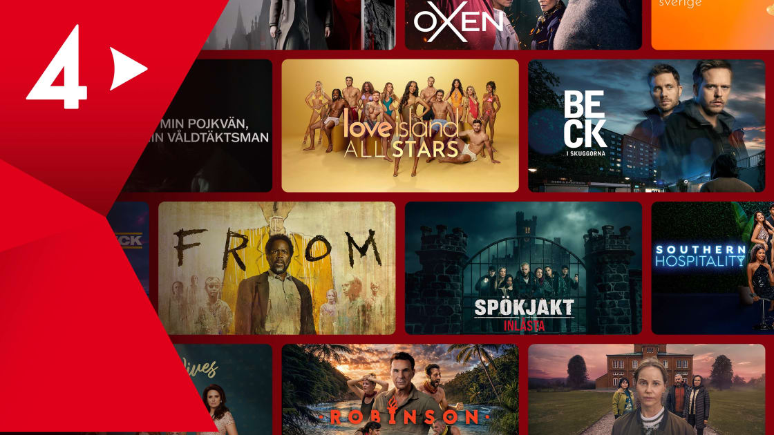 En bild visar flera filmomslag och en logotyp för TV4 Play.