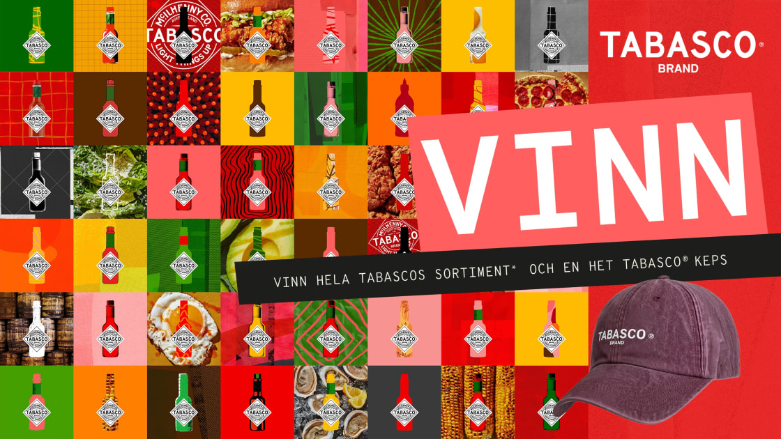 Hela Tabascosortimentet och en keps med Tabasco-loggan.