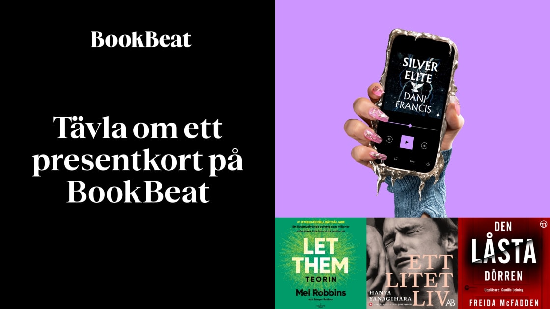 Hand håller upp en mobil med en ljudbok från BookBeat.