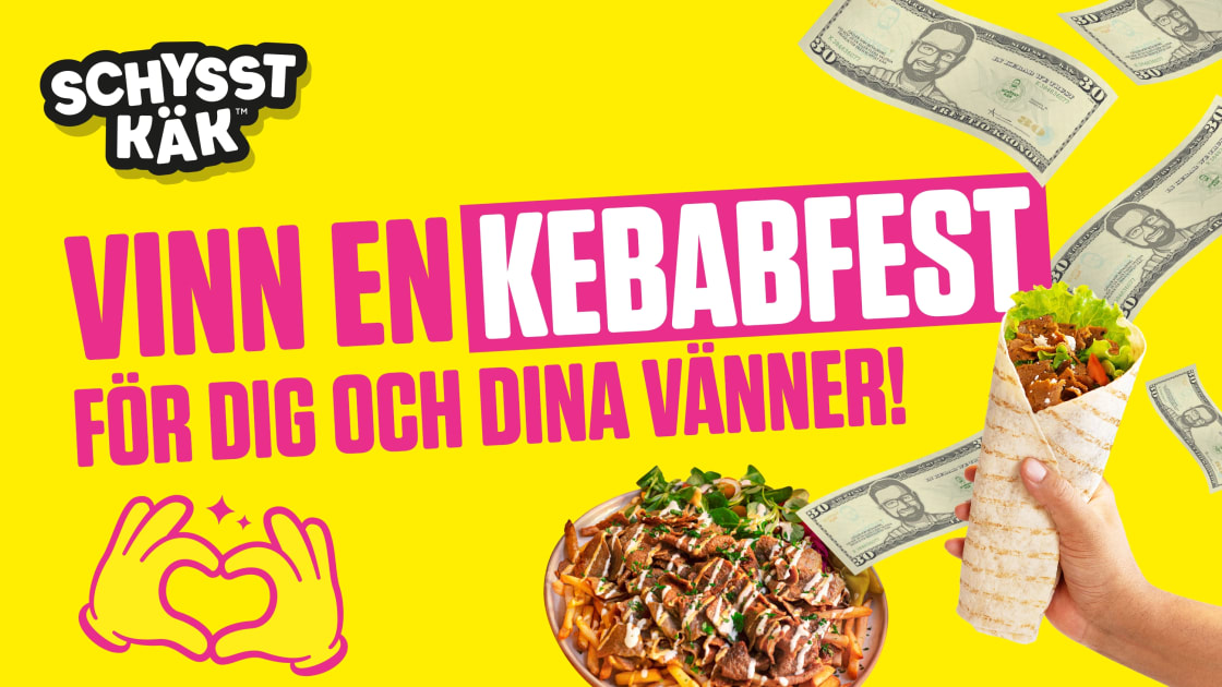 En gul bakgrund med kebabtallrik, kebabrulle, kebabdollars och Schysst Käks logga med en rosa text i mitten som lyder