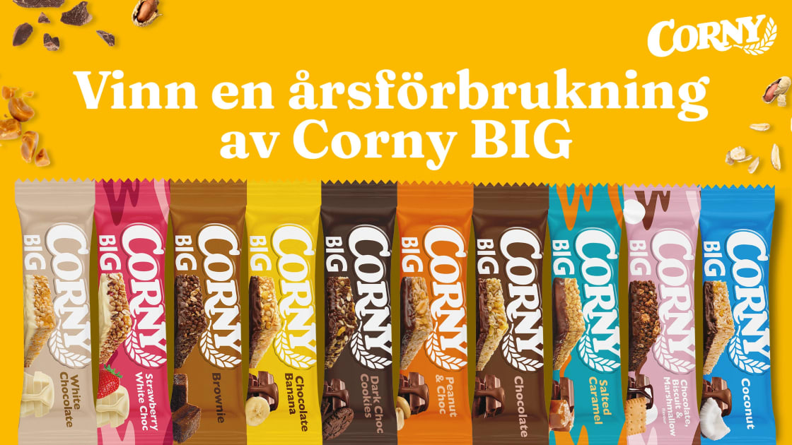 En rad med tio förpackningar av Corny BIG ligger framför en text som säger 