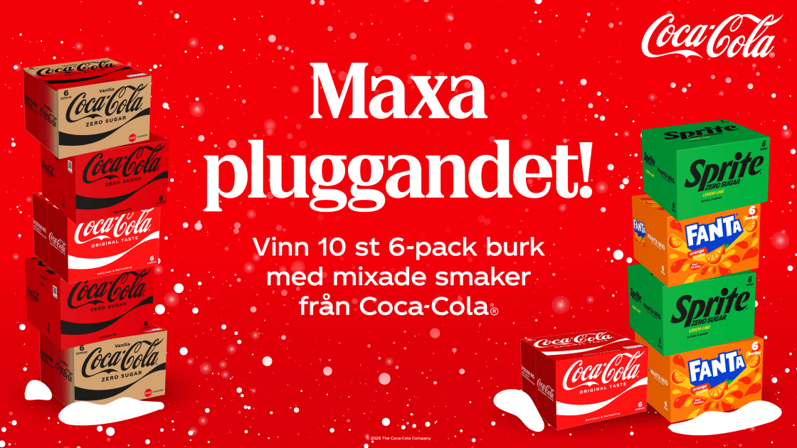 En banner som visar staplade 6-pack med läskburkar med text om tävlingen med Coca-Cola. Bilden ger en julig känsla med snöflingor som flyger runt.