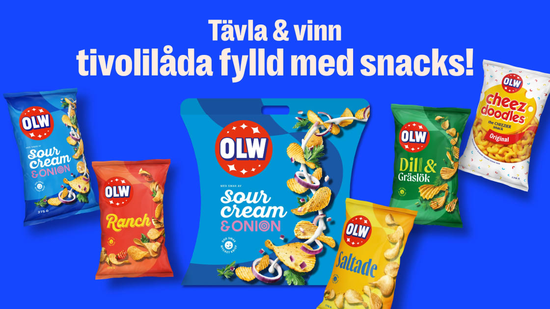 En blå tivoliförpackning och olika chipspåsar från OLW. Text: Tävla & vinn, tivolilåda fylld med snacks.